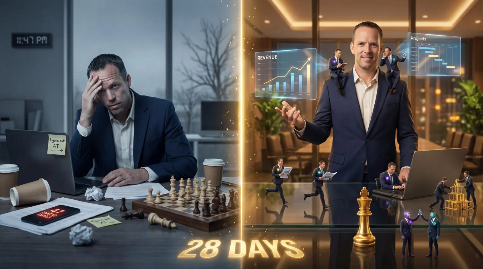Before and after: a leader alone at a desk, then commanding a room of AI twins — 28 days