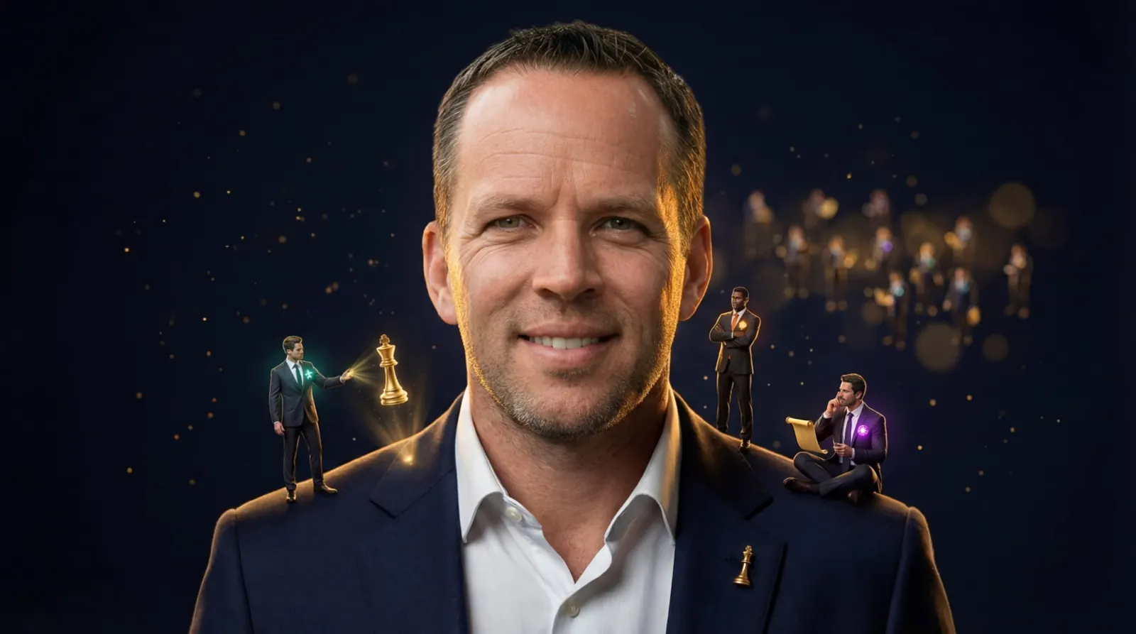 Daren Denholm, with his AI twins at work behind him