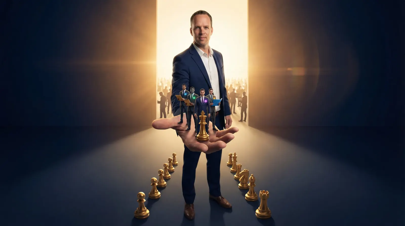 Daren holding his AI twins in one hand, chess pieces at his feet