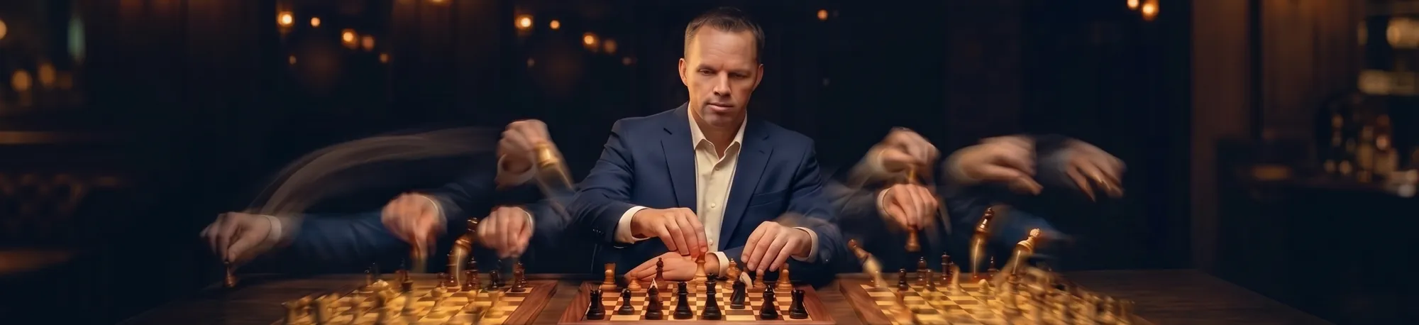 Daren commanding three chessboards at once, his multiplied hands in motion