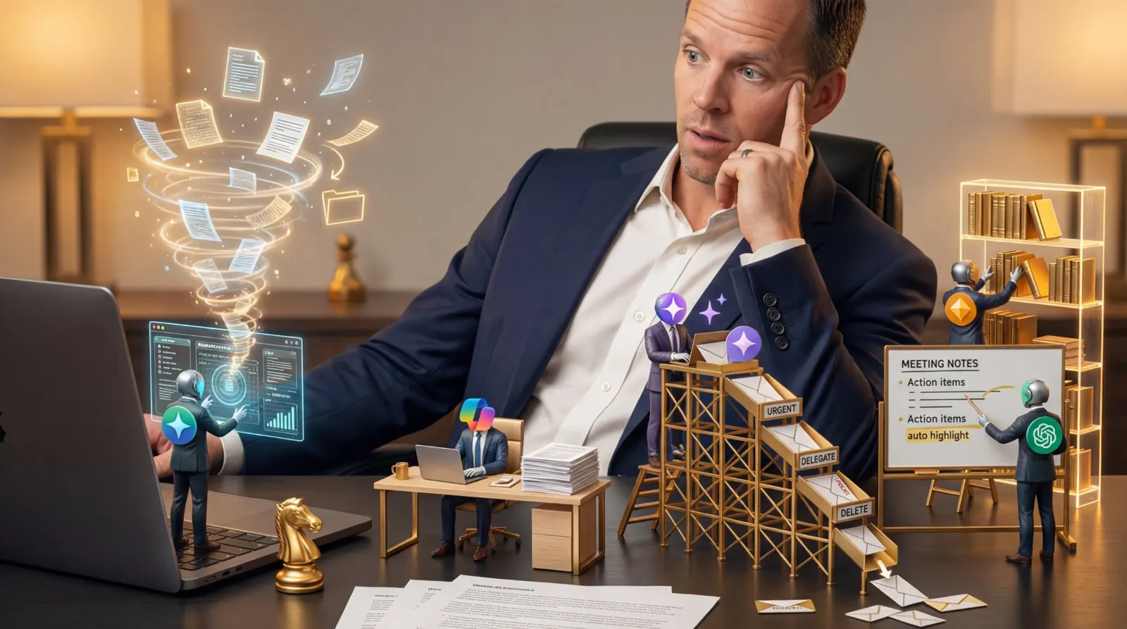 A leader orchestrating a room of AI twins across an organisation